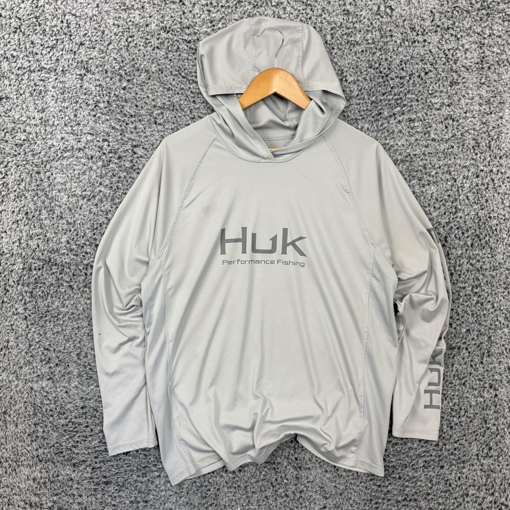 Huk Sun Hoodie Shirt Mens Large Gray Performance Fishing Raglan Tee UPF 50+ L